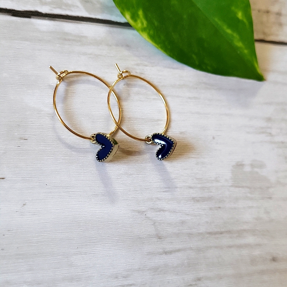 Small Thin Gold Hoop Earrings With Black And Gold Heart Charm